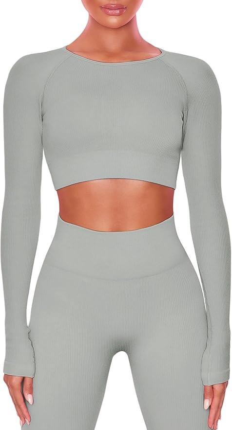 Buttergene Women Workout Sets 2 Pieces Long Sleeve Yoga Outfits Gym Clothes Seamless Ribbed Crop ... | Amazon (US)