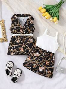 Baby Girls' Chain Print Sleeveless Jacket And Vest Shorts 3pcs/Set Outfits | SHEIN
