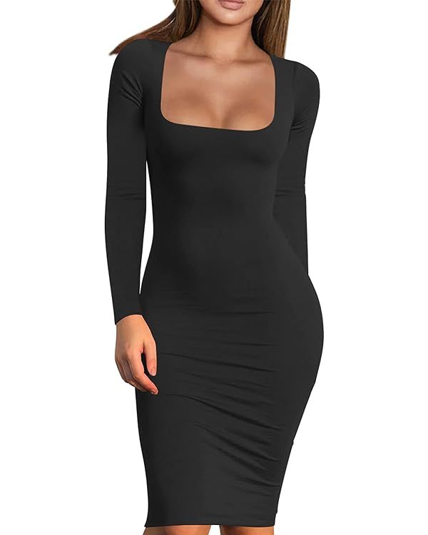 VASAUGE Women's Sexy Long Sleeve Bodycon Basic Dress Midi Club Party Dresses | Amazon (US)