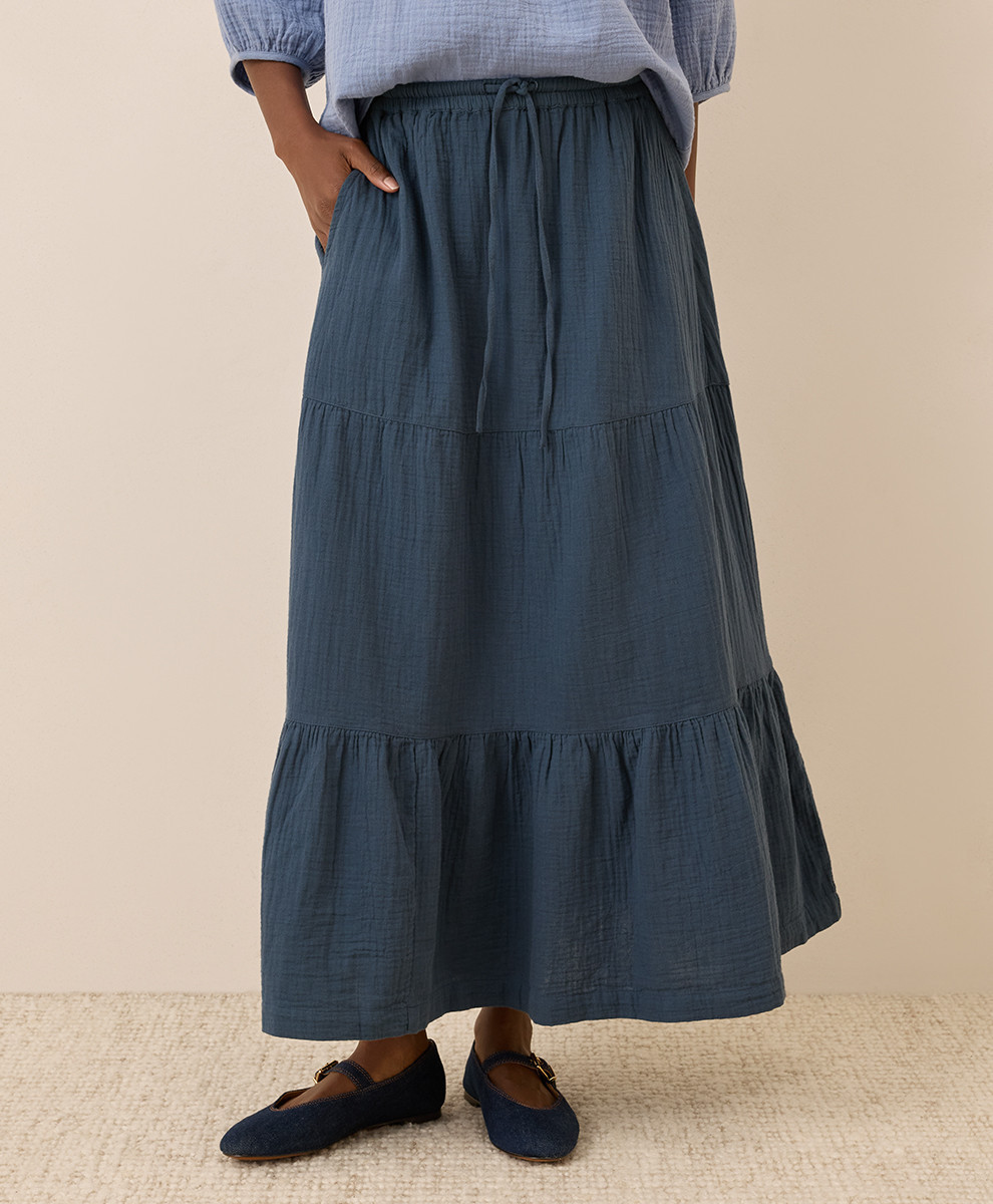 Women's French Navy Coastal Double Gauze Tiered Maxi Skirt 3XL | Pact Apparel