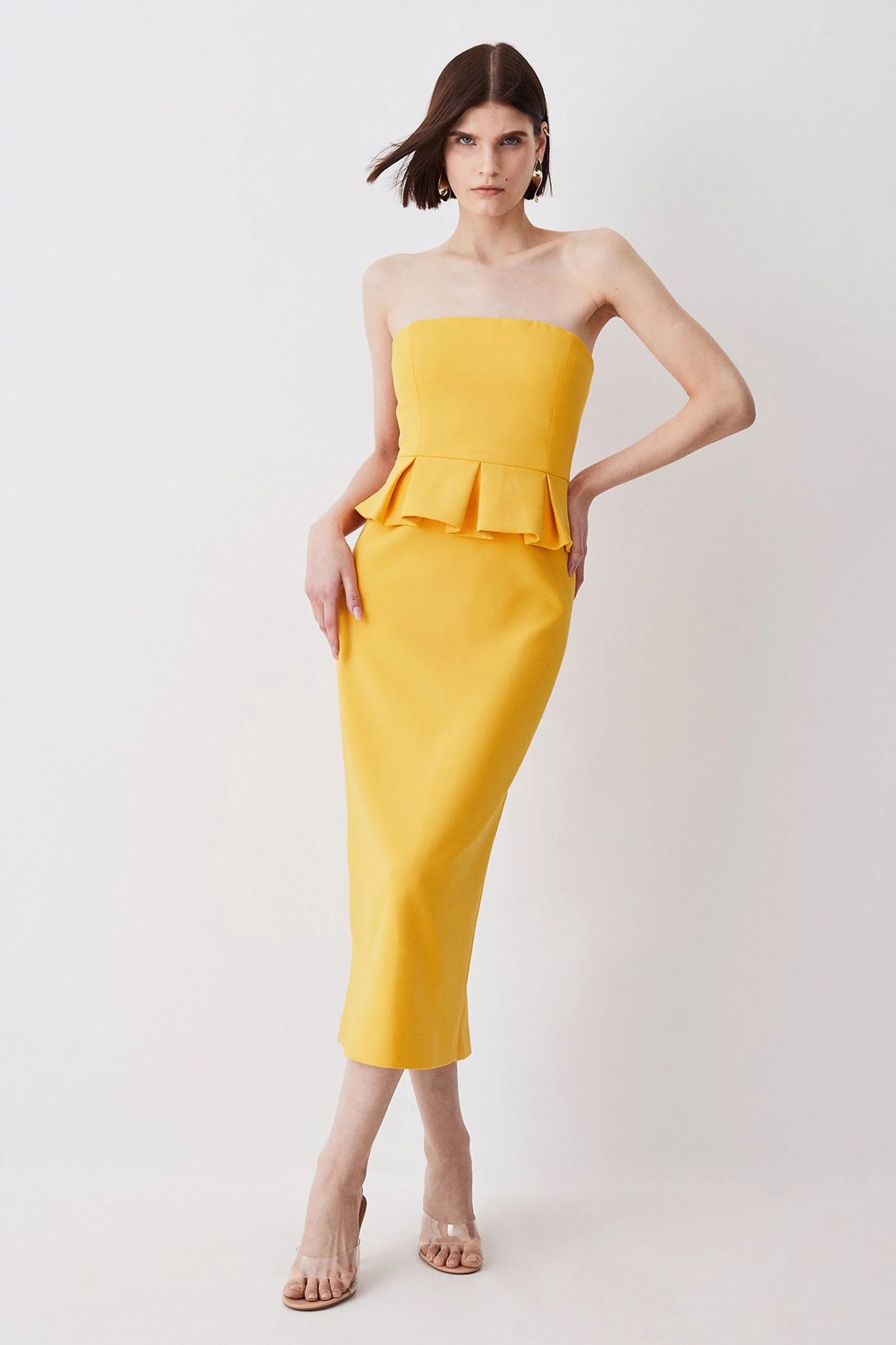 Compact Stretch Peplum Midi Dress | Karen Millen UK + IE + DE + NL