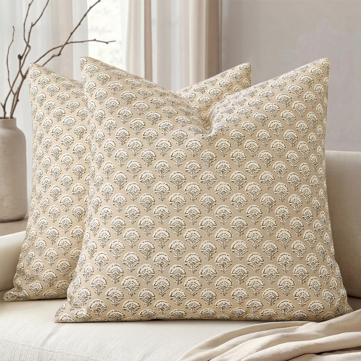 MIULEE Set of 2 Decorative Floral Pillow Covers Neutral Vintage Throw Pillows Block Print Boho Fa... | Amazon (US)