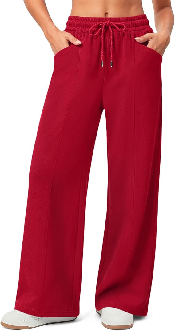 AKEWEI Wide Leg Womens Fleece Lined High Waisted Sweatpants with Pockets | Amazon (US)