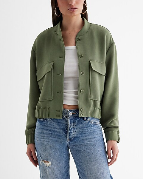 Luxe Comfort Patch Pocket Cropped Bomber Jacket | Express