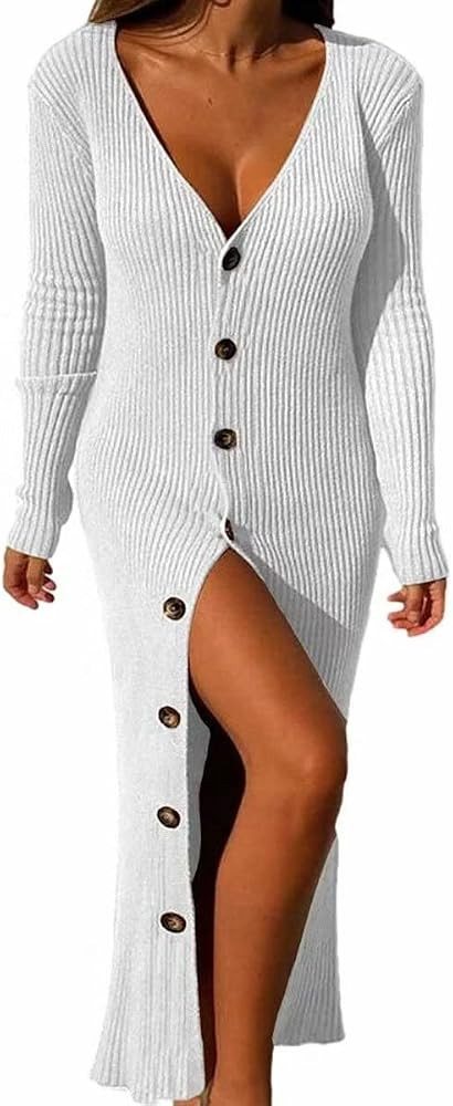 Sexy Casual Women Button Down V Neck Long Sleeve Slim Cardigan Outerwear Sweater Knit Dress Bodycon  | Amazon (US)