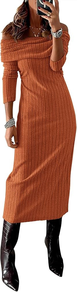 PRETTYGARDEN Women's Fall Dresses 2024 Sexy Off Shoulder Long Sleeve Bodycon Ribbed Knit Club Wed... | Amazon (US)