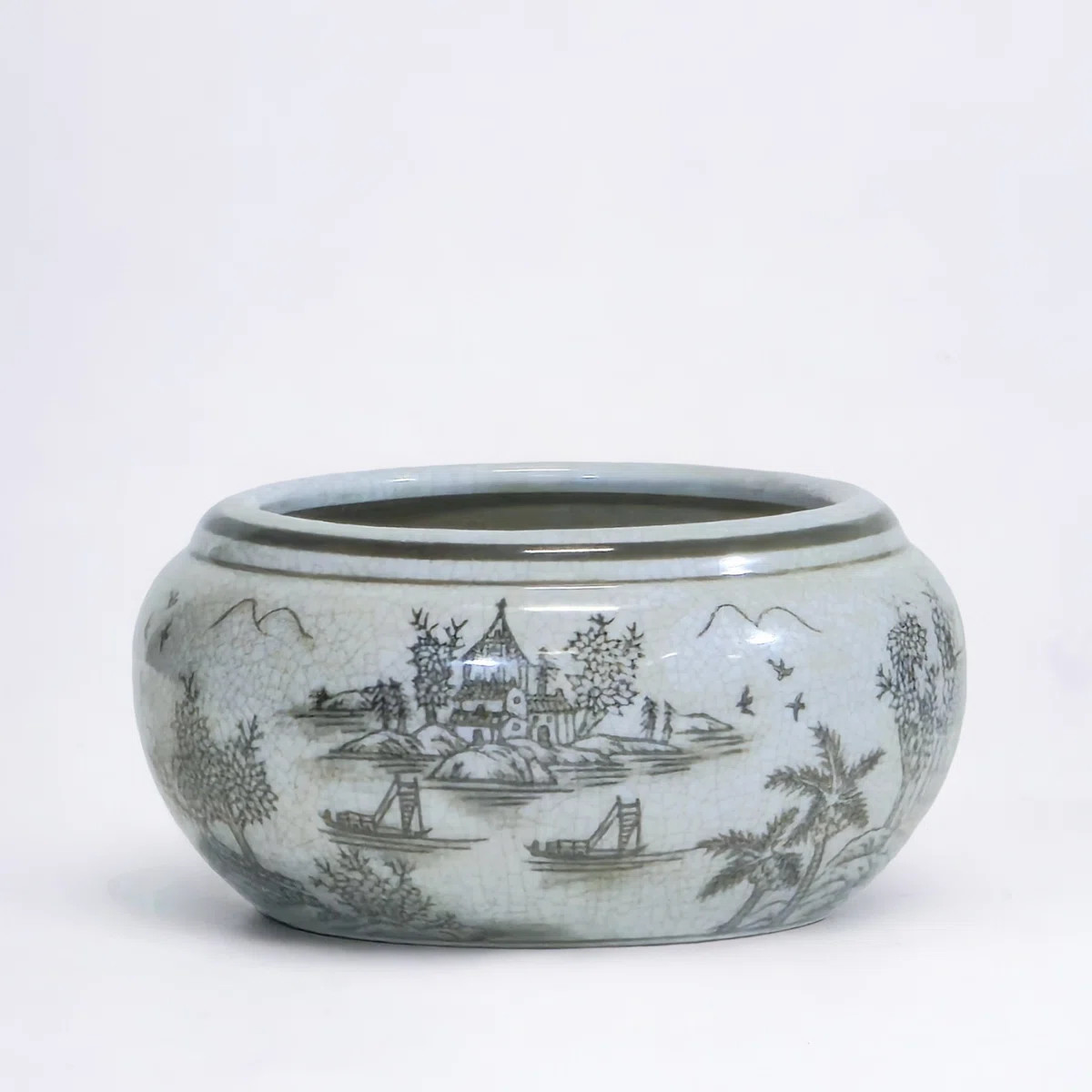 4" Round Porcelain Planter with Chinoiserie Scene, Brown | Wayfair North America