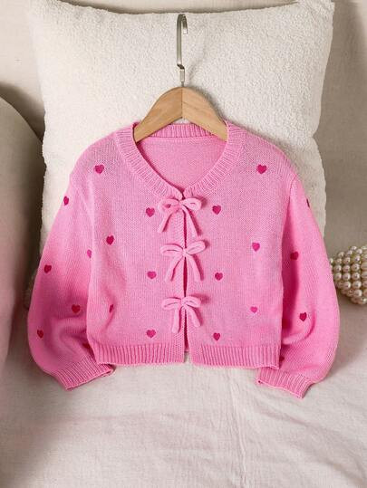 SHEIN Knit Sweater For Young Girls, Bow Decor, Cute & Casual, Soft & Comfortable, Versatile, Suit... | SHEIN