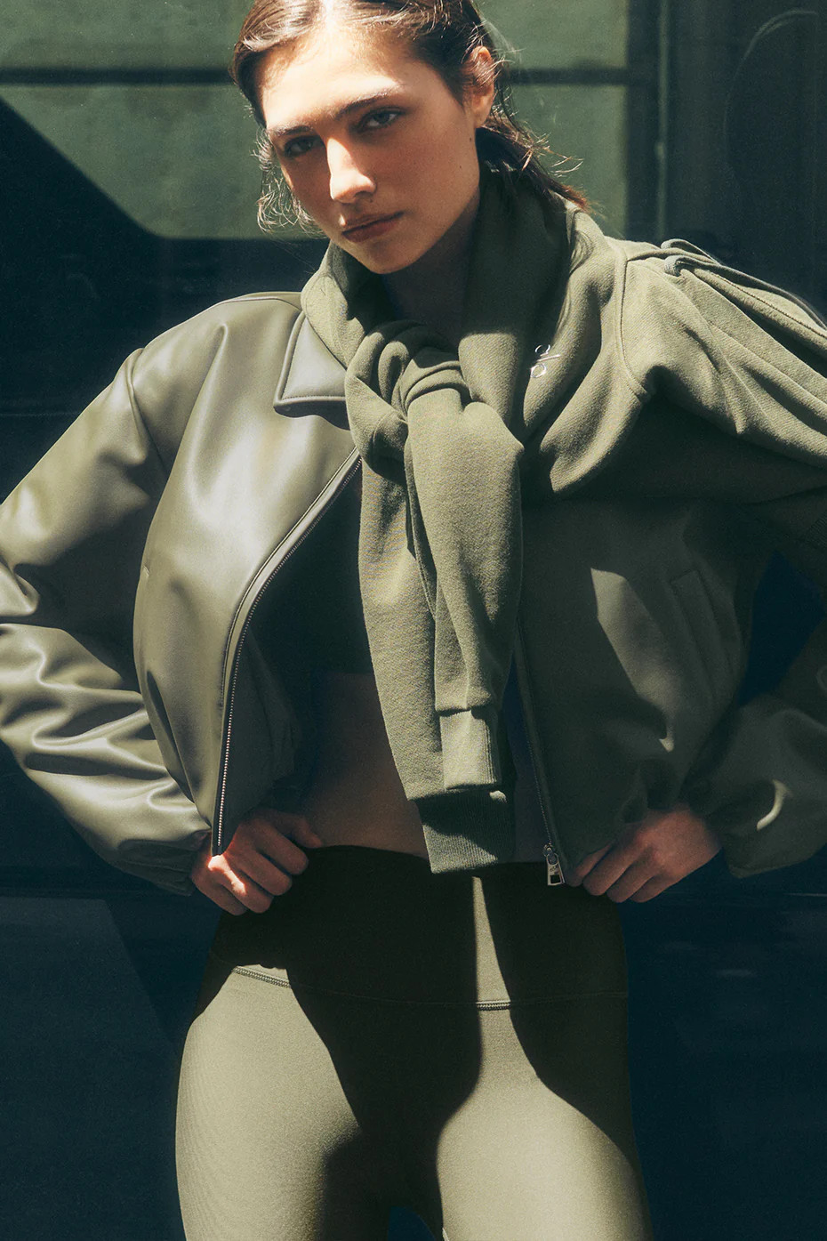 ALO | Faux Leather Cropped Premier Bomber Jacket in Green Olive, Size: XS | Alo Yoga (US)
