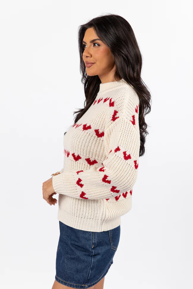 Familiar Feelings Cream and Red Heart Print Mock Neck Sweater SALE | Pink Lily