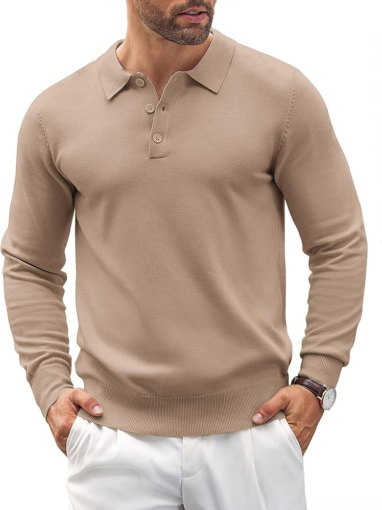 COOFANDY Mens Knit Polo Shirts Casual Long Sleeve Classic Polo Shirts Button Down Golf Shirts | Amazon (US)
