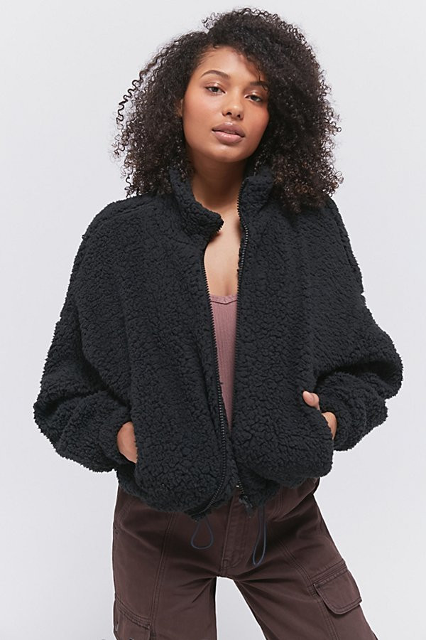 UO Willow Fuzzy Drawstring Teddy Jacket - Black XS at Urban Outfitters | Urban Outfitters (US and RoW)