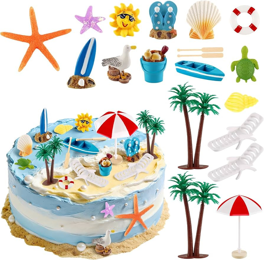 Hooqict 19Pcs Beach Cake Decorations Set with Mini Coconut Tree, Seashell, Sea Animals, Pool Beac... | Amazon (US)