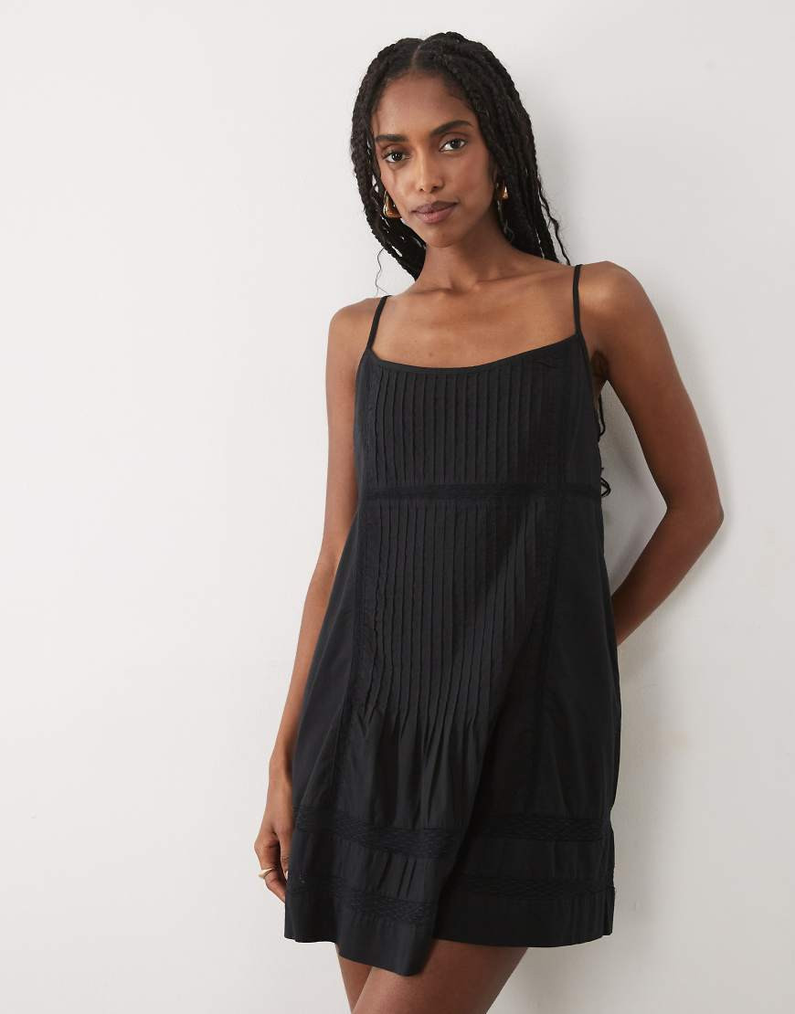 Abercrombie & Fitch square neck flowy a line mini dress with pintuck detail in black | ASOS (Global)