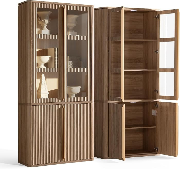 77" Tall Pantry Cabinets with Glass Doors, Fluted Storage Cabinet, Oak 1pc | Amazon (US)