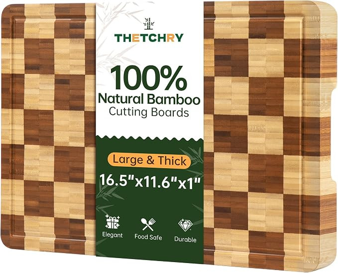 Bamboo Cutting Boards for Kitchen, End Grain Wood Cutting Board with Juice Grooves & Handles, Cha... | Amazon (US)