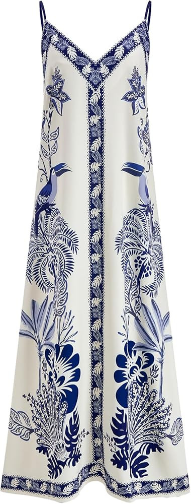 Women's Boho Print Deep V Neck Dress Summer Sleeveless Flowy Maxi Sundress Beach Vacation Clothes | Amazon (US)