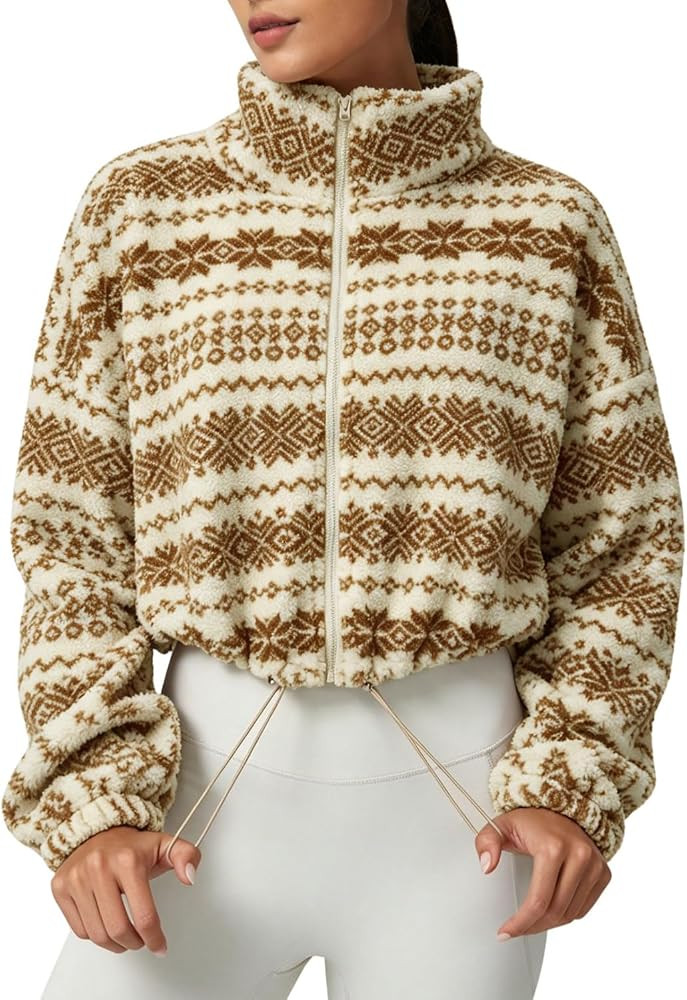 QINSEN Women's Full Zip Fleece Short Jacket Warm Winter Long Sleeve Stand Collar Sherpa Crop Coat | Amazon (US)