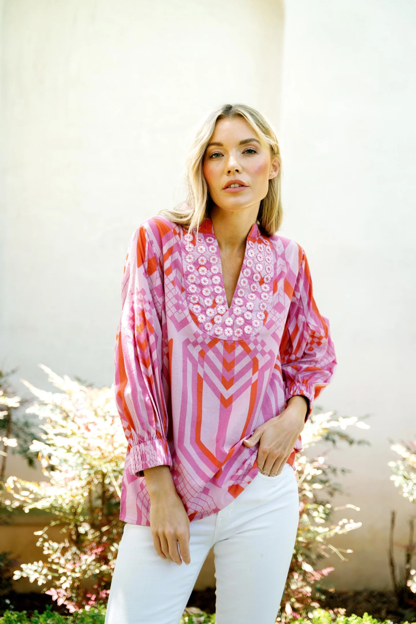 Sheridan French I Resort 2024 I Olive Tunic in Flamingo Geo Diamond | Sheridan French