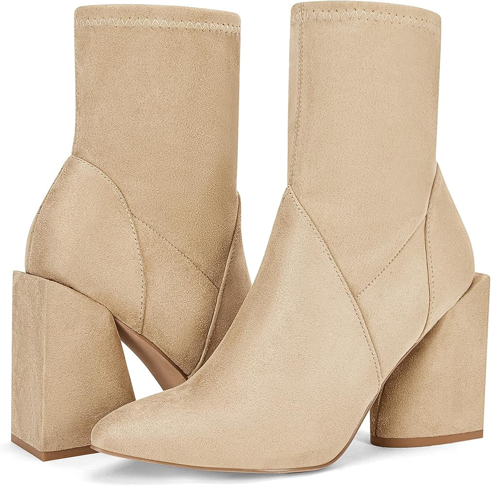 Womens Ankle Boots Dress Fall High Heel Booties Pointed Toe Chunky Block Slip On Winter Shoes | Amazon (US)