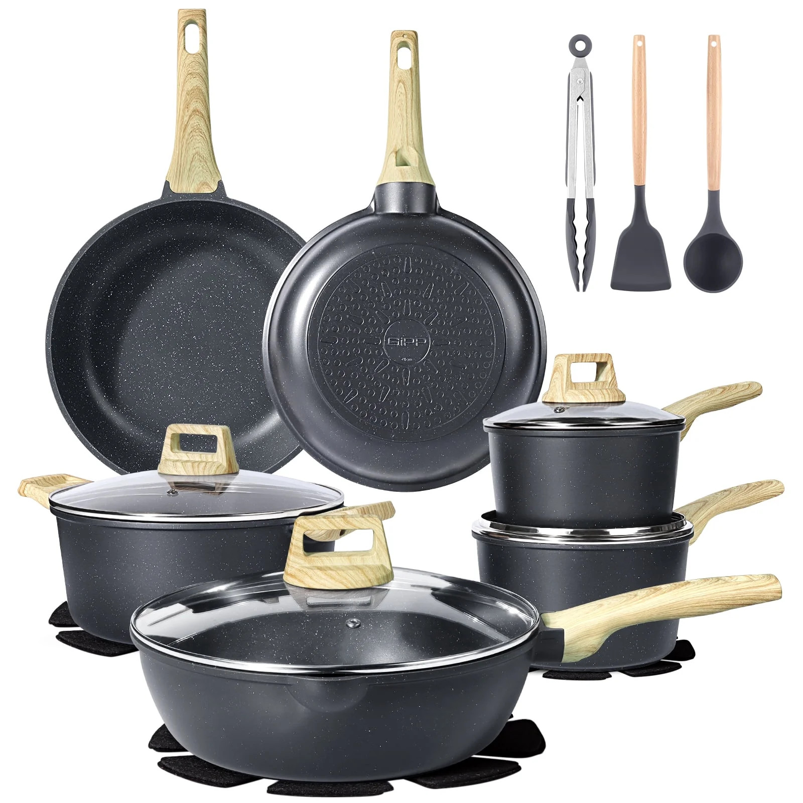 GIPP 18 Piece Kitchen Ceramic Cookware Sets with 11inch Frying Pan,Pots and Pans Set Non stick ,Dishwasher Safe Induction Compatible, Kitchen Cooking Set - Walmart.com | Walmart (US)