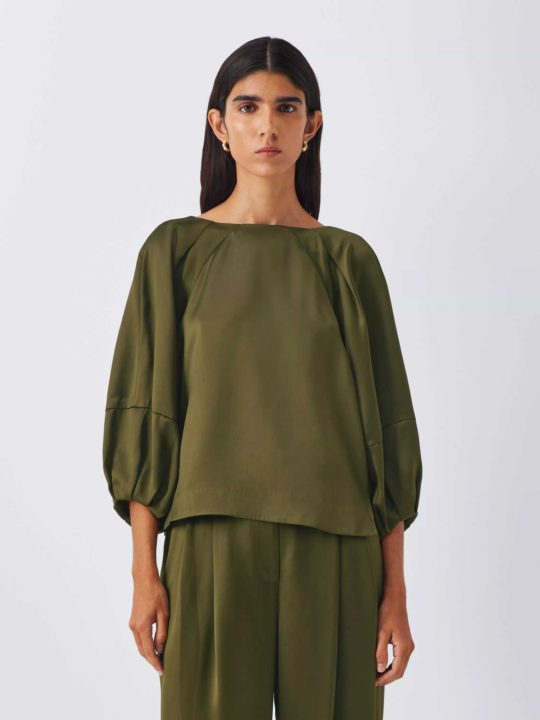 John Lewis Balloon Sleeve Satin Top, Dark Olive | John Lewis (UK)