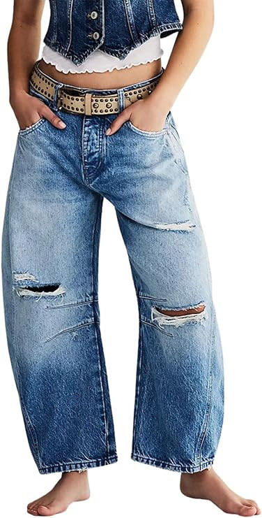 utcoco Womens Mid Rise Barrel Jeans Distressed Ripped Loose Wide Leg Jeans Denim Long Pants Y2k B... | Amazon (US)
