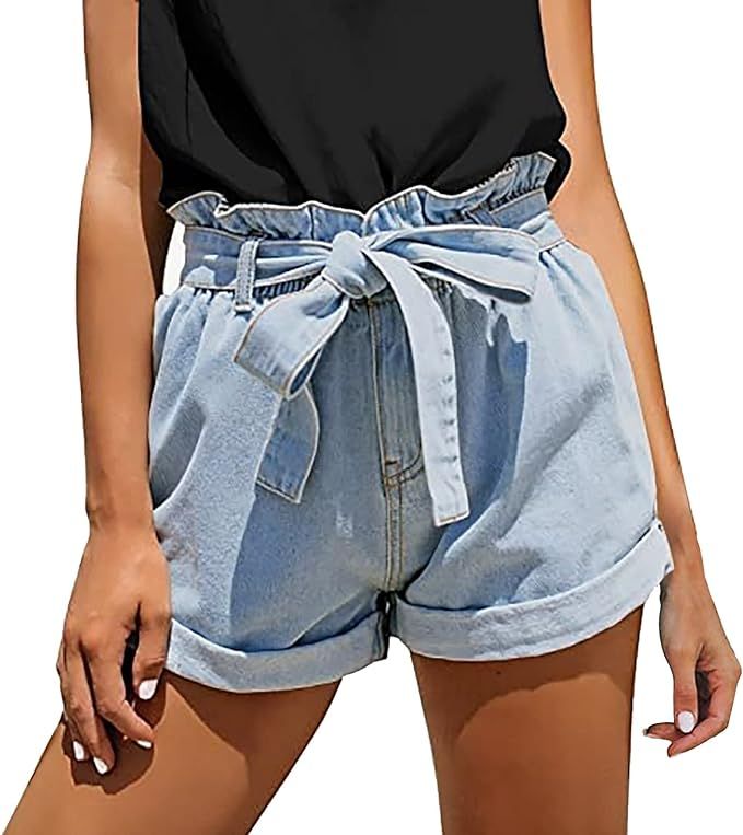 Women's High Waisted Denim Shorts Rolled Blue Jean Shorts Belted Paperbag Shorts Tie Front Denim ... | Amazon (US)