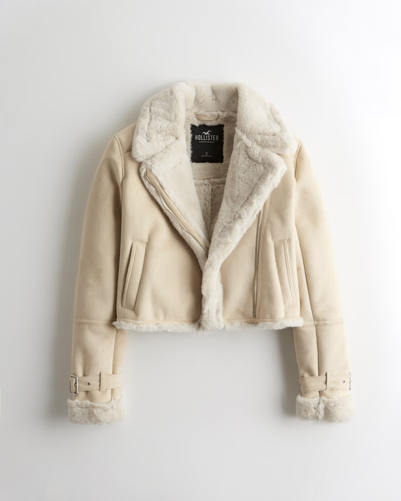 Crop Shearling Biker Jacket | Hollister (UK)