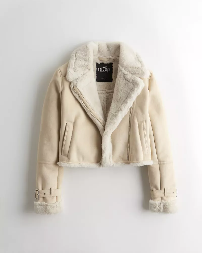 Faux shearling biker clearance jacket hollister