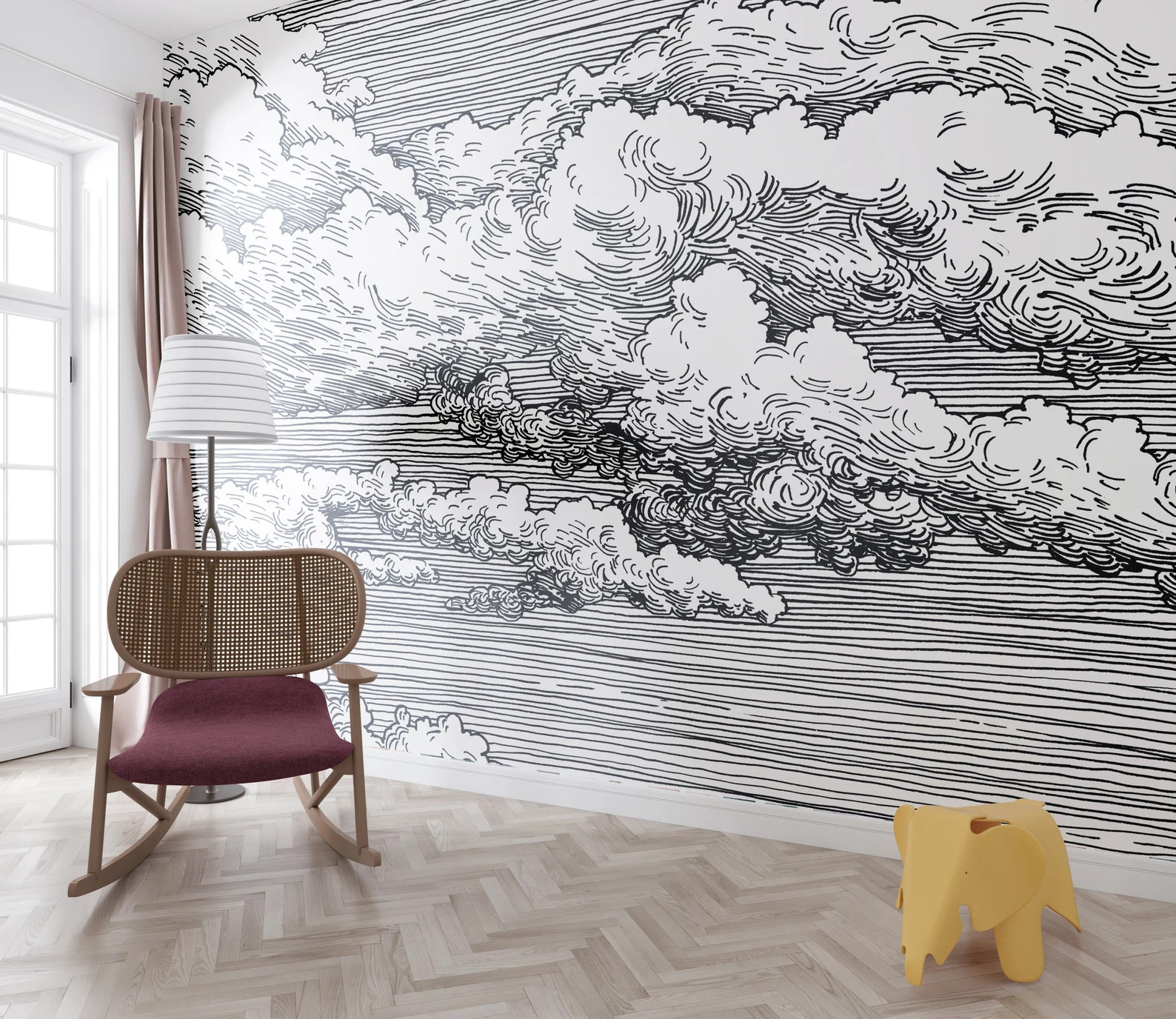 Vintage clouds wallpaper mural, black and white clouds wallpaper, grisaille wall decor, removable... | Etsy (Global)