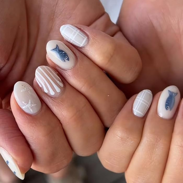Summer Press on Nails Short Oval,White Fake Nails with Fish,Starfish,Plaid Designs,Reusable Artif... | Amazon (US)