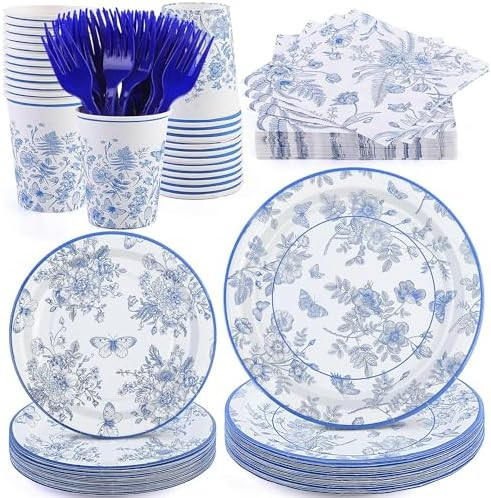durony 144 Pieces Blue and White Flower Disposable Tableware Set 9 Inch 7 Inch Elegant Floral Pap... | Amazon (US)