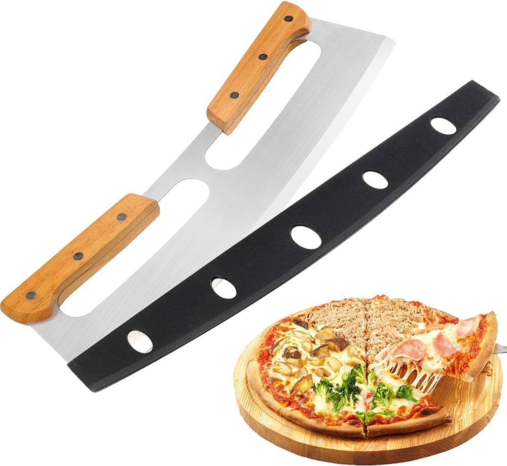 Pizza Cutter Rocker with Wooden Handles & Protective Cover, 14" Sharp Stainless Steel Pizza Slice... | Amazon (US)
