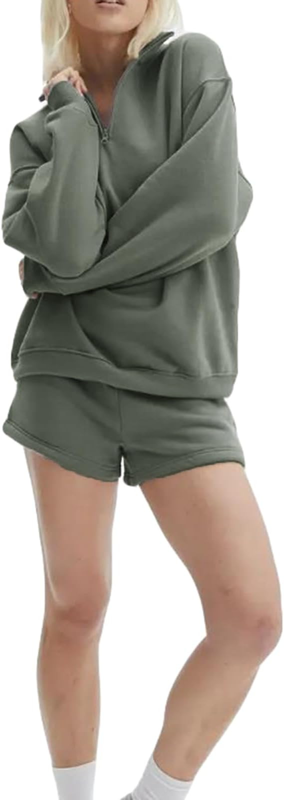 Yuemengxuan Women Two Piece Outfits Shorts Set Long Sleeve Stand Collar Zipped Sweatshirt with Sh... | Amazon (US)