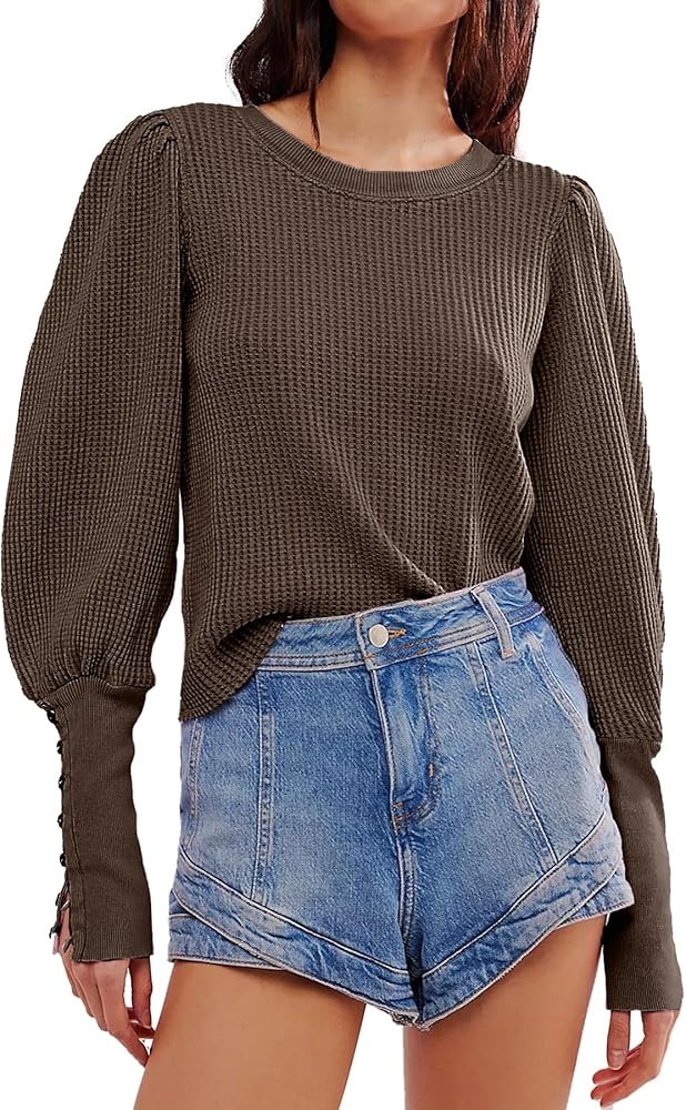 Women's Waffle Knit Puff Long Sleeve Tops Crew Neck Sweatshirt Casual Pullover Thermal Top | Amazon (US)