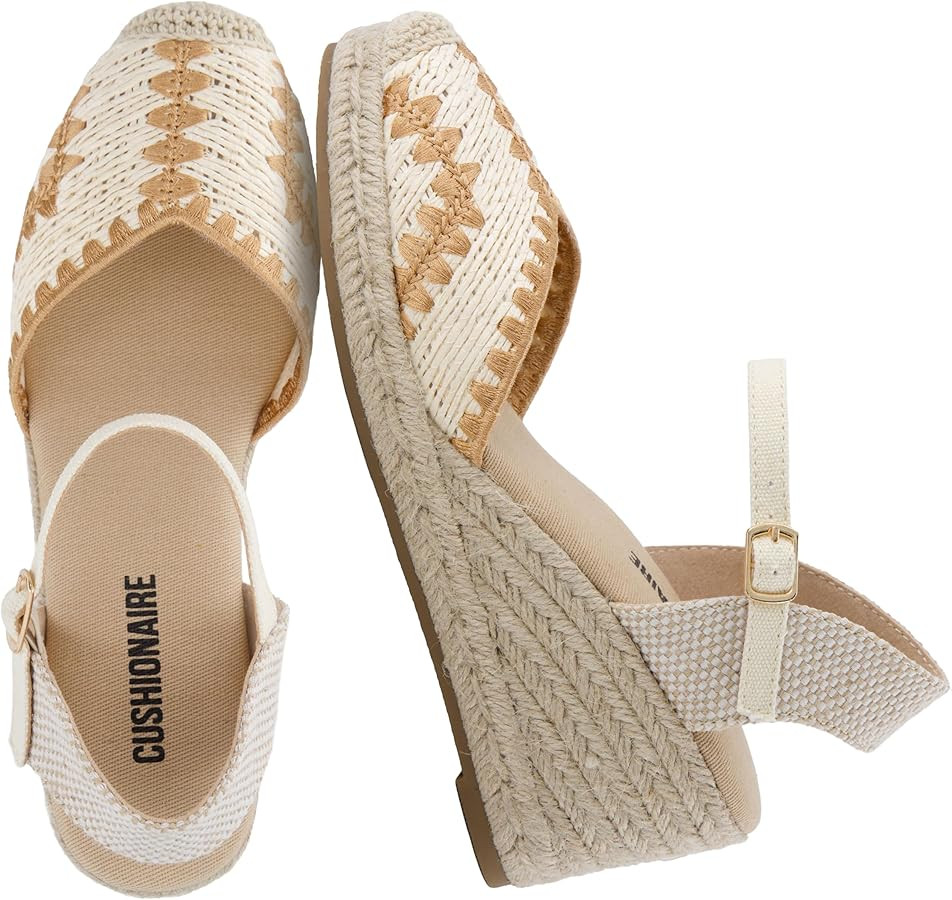 CUSHIONAIRE Samba Raffia Espadrilles for Women, Closed Toe Wedges with Adjustable Ankle Strap and... | Amazon (US)