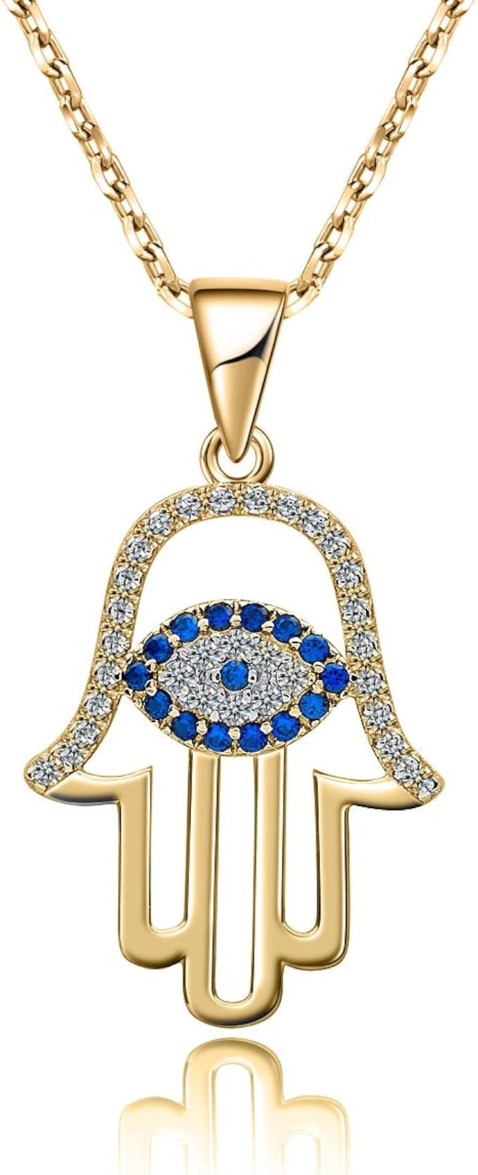 SLOONG Evil Eye Hamsa Hand Necklace 14k Gold Plated Third Eye White Blue Cz Womens Pendant Dainty... | Amazon (US)