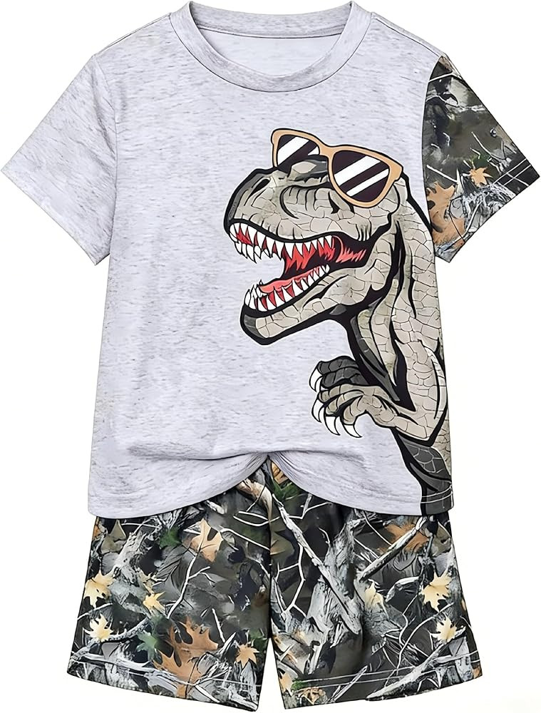 Boys' 2 Piece Summer Outfit Cool Dinosaur & Camouflage Graphic Short Sleeve Tee & Shorts Set Size... | Amazon (US)