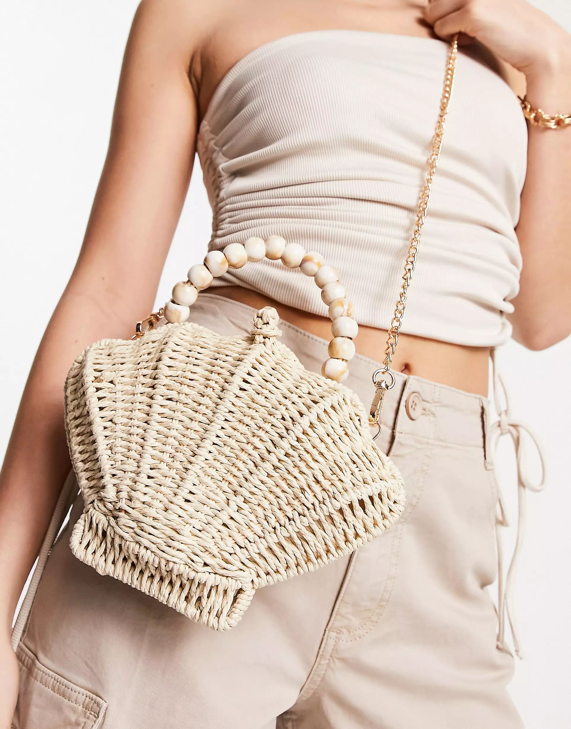 ASOS DESIGN straw shell grab bag with beaded top handle and detachable crossbody strap in natural | ASOS (Global)