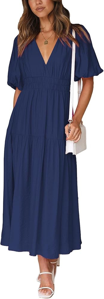 MessBebe Maxi Dress Puffy Sleeve V Neck High Waist A-Line Flowy Wrap Sun Wedding Guest Long Dress... | Amazon (US)