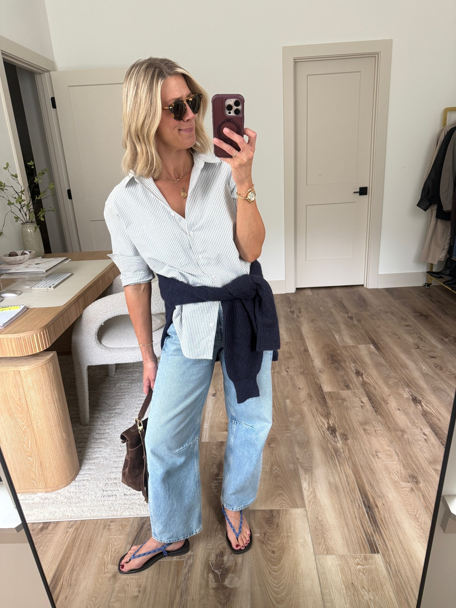 Wearing 24 jeans (sized down for closer fit), medium button-up (sized up), small sweater, sandals tts

#LTKootd #LTKSeasonal #LTKOver40
