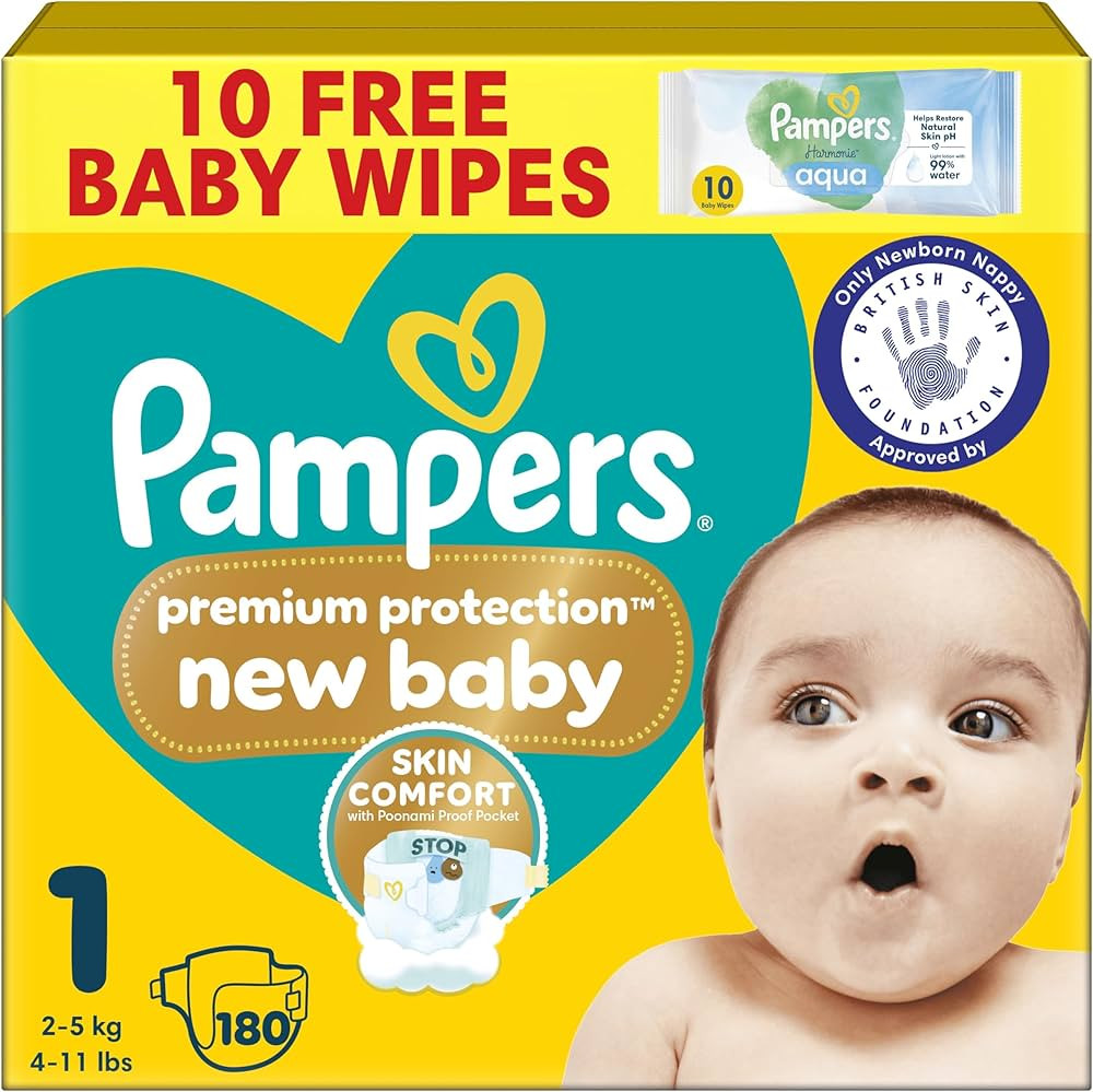Pampers Premium Protection New Baby Size 1, 180 Nappies, 2kg-5kg, Monthly Pack, The Only Newborn ... | Amazon (UK)