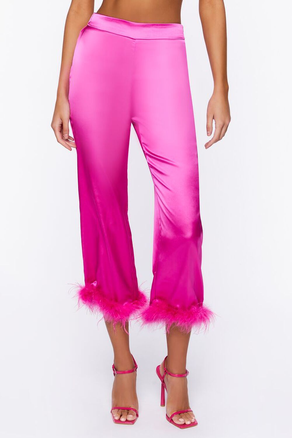 Satin Feather-Trim Straight-Leg Pants | Forever 21 (US)