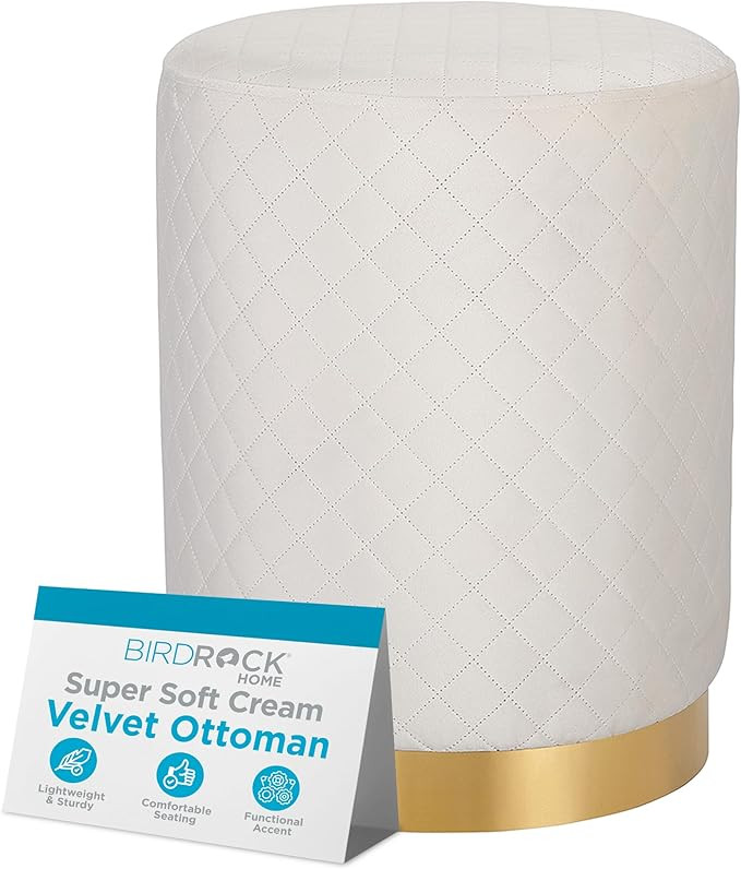 BIRDROCK HOME Velvet Round Ottoman Foot Stool with Lattice Design and Gold Trim - Soft, Padded Fo... | Amazon (US)