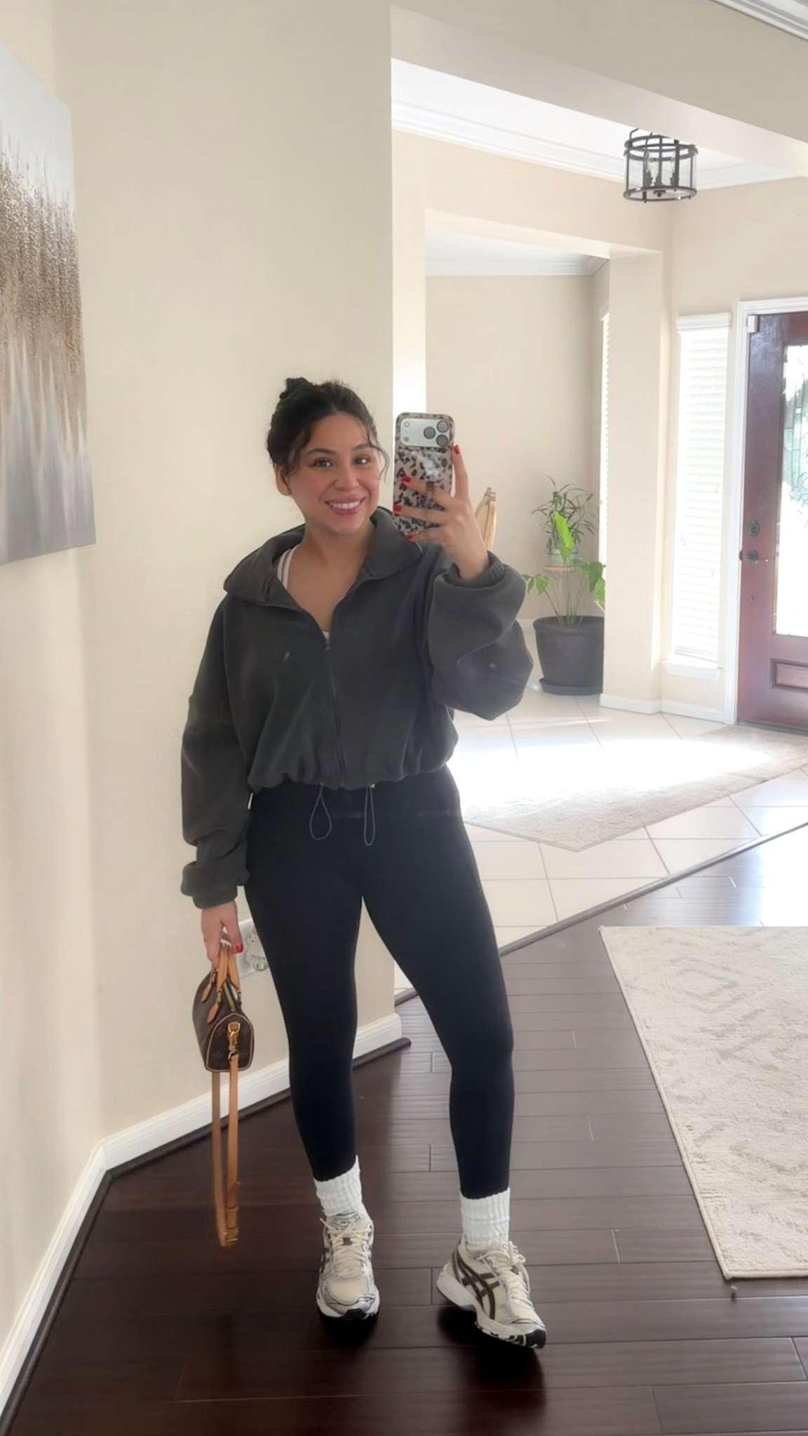 Errands outfit 
Leggings: small 
Sports bra: 2
Jacket: small 
Socks 
ASICS sneakers: 5 men 

#LTKActive #LTKmorningroutine #LTKootd