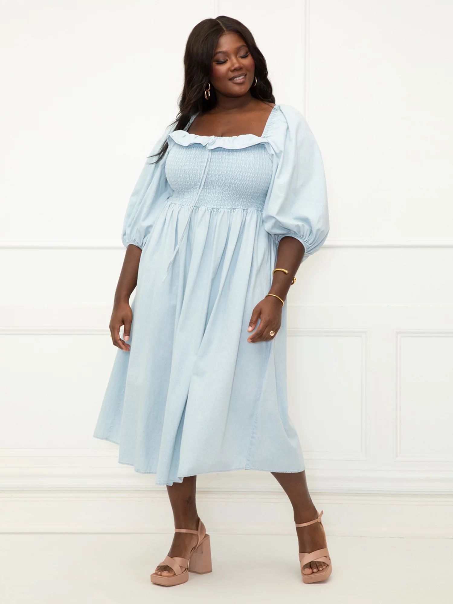 ELOQUII Elements Women's Plus Size Smocked Bodice Chambray Dress | Walmart (US)