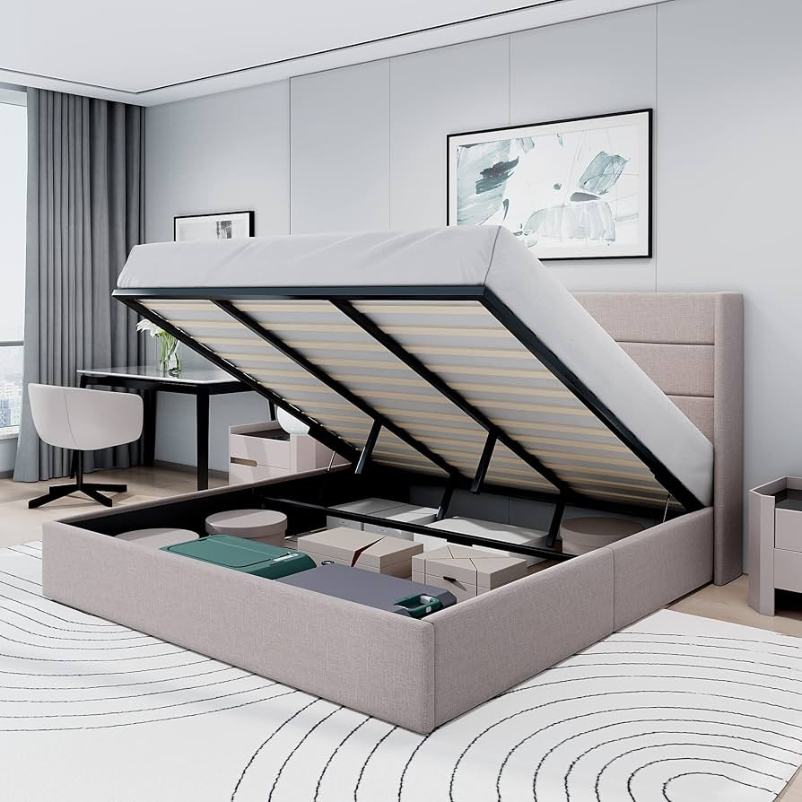 Allewie King Size Lift Up Storage Bed, Modern Wingback Headboard, No Box Spring Needed, Hydraulic... | Amazon (US)