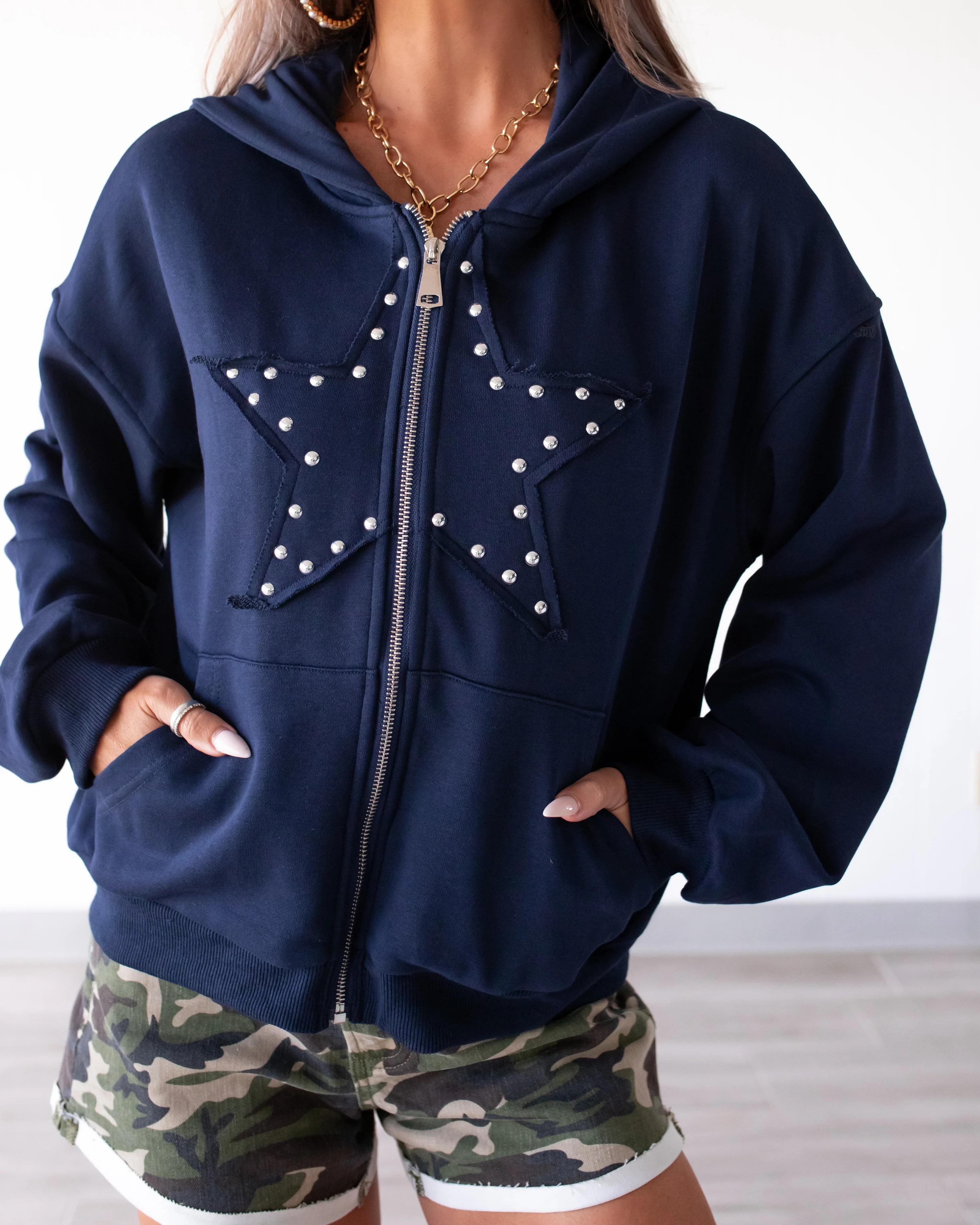 Stars & Grommets Hoodie Jacket - Navy | Bar T Boutique