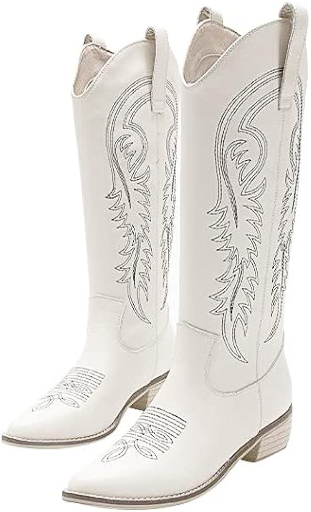 MissHeel White Cowboy Boots for Women Embroidered Cowgirl Knee High Western Boots Pull-On | Amazon (US)
